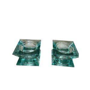 Pair of aqua green square glass Candle Holders 3"x4.5" SKU 9644